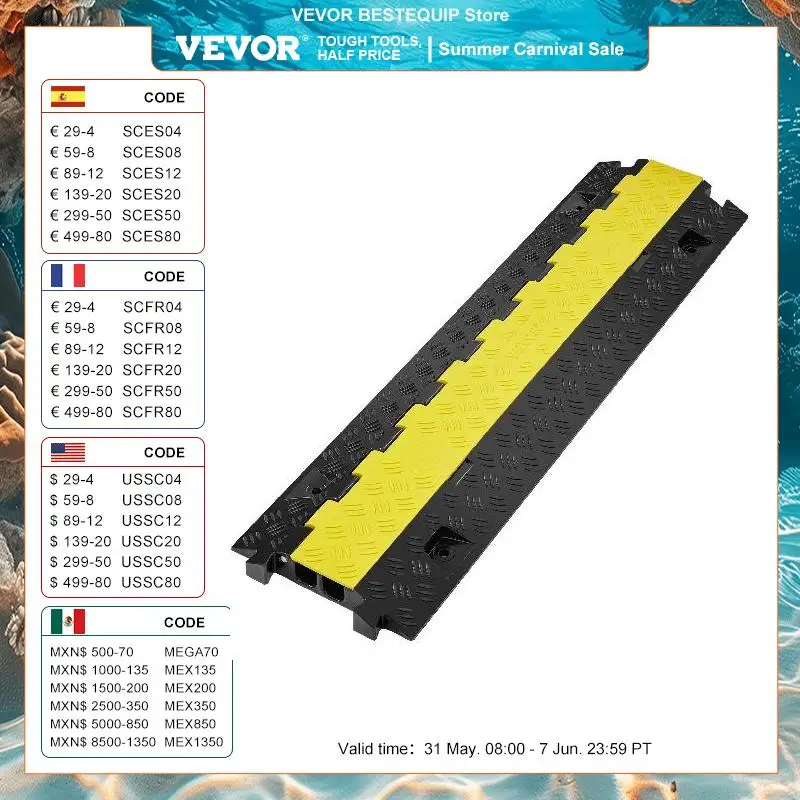 VEVOR Cable Protector Ramp 1/3/5 PCS 2 Channel Heavy Duty Wire Cord Cover Ramp with TPR Flip-Open Top Cover Traffic Speed Bump