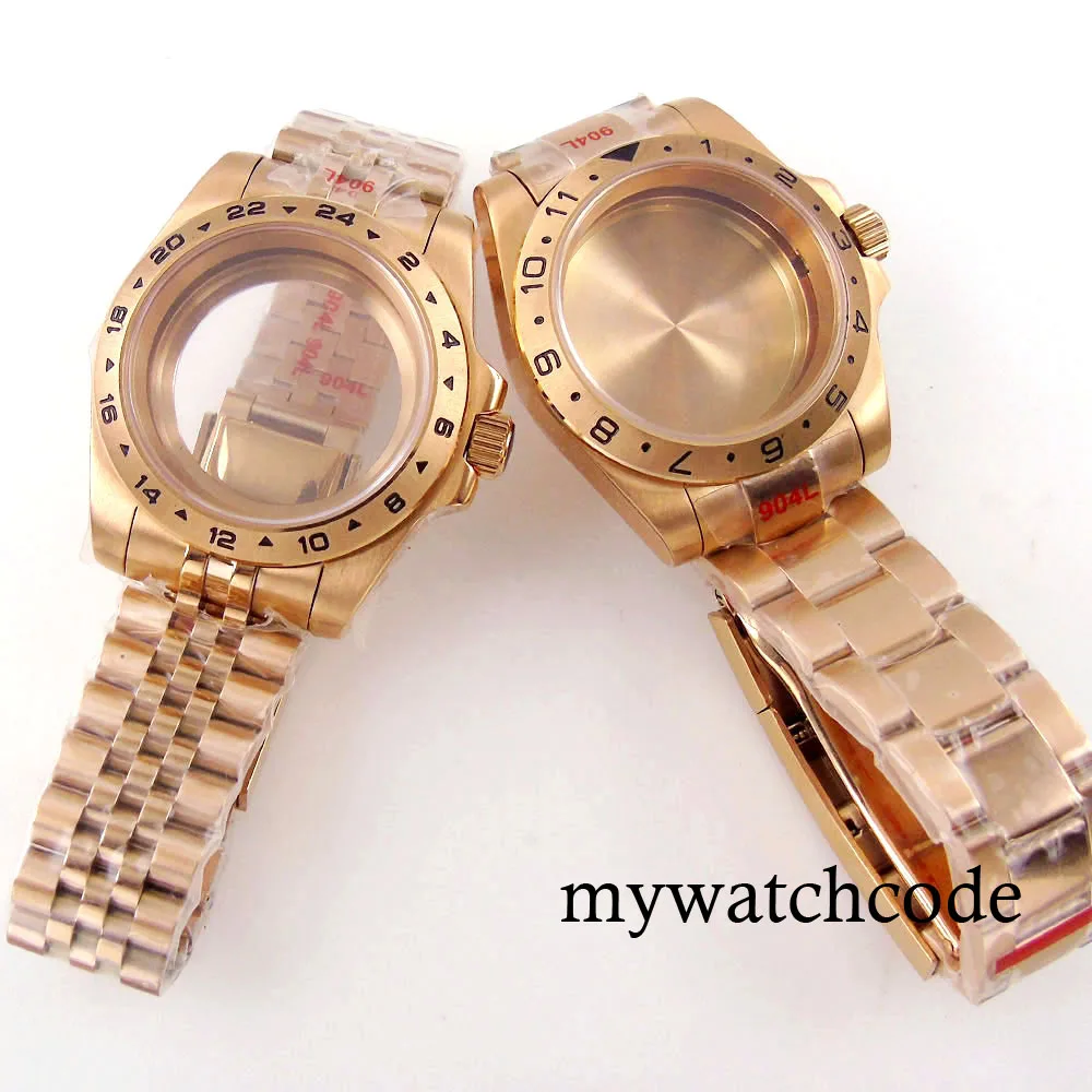 40mm Rose Gold Plated Watch Case Bracelet 12h/24h Bezel Fit Nh35a Nh36a