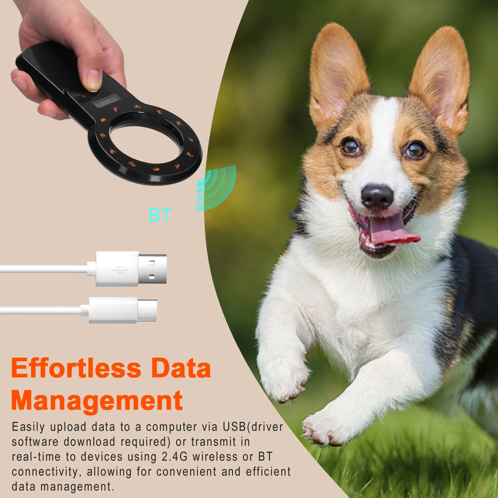 Pet Microchip Reader Scanner 2.4G/BT Wireless RFID Chip Scanner Rechargeable Animal Tags Support EMID FDX-B 1024 Data