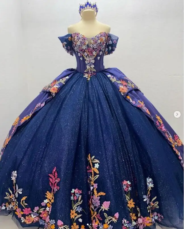 

Navy Blue Gillter Princess Quinceanera Dresses 2023 Off Shoulder Lace-up Corset Floral Embroidery Prom Robe de quinceanera