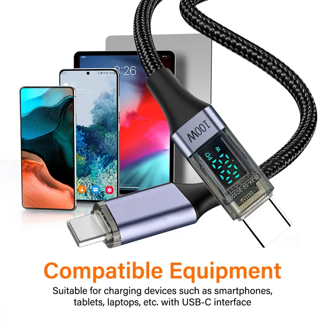 USB C Cable PD 100W Digital Display USB C to C Data Cord 0.5M/1M/2M Quick Charge Type-C Charging Line for Mobile Phone Laptop 2
