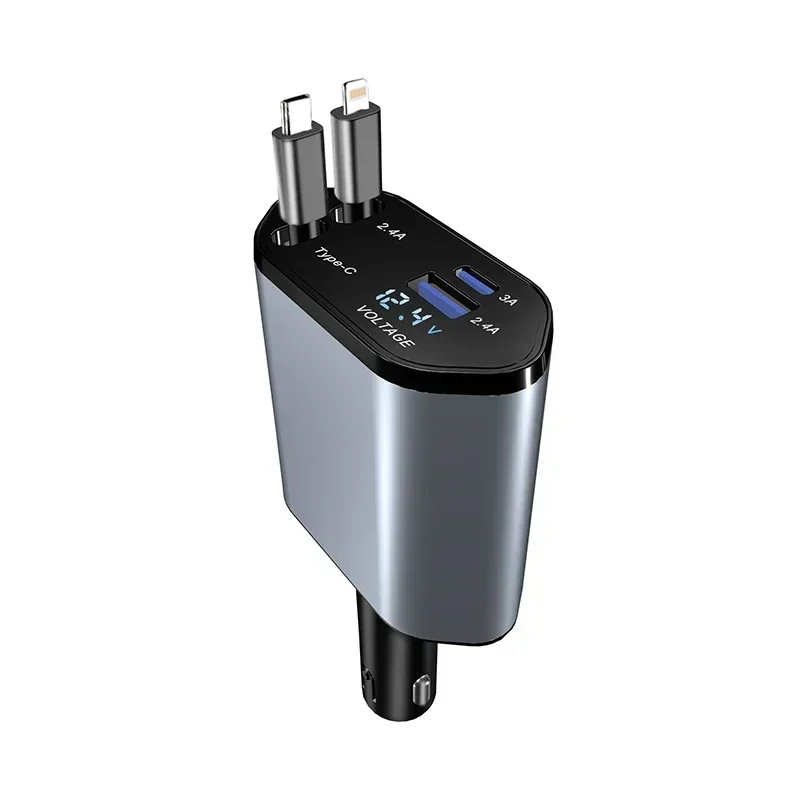 Caricabatterie Auto Retrattile, 66W Caricabatterie Auto Retrattile 4 in 1, con cavi retrattili (80 cm) e 2 porte USB, Compatibile con iPhone/Galaxy/HuaWei/ Xiaomi/iPad