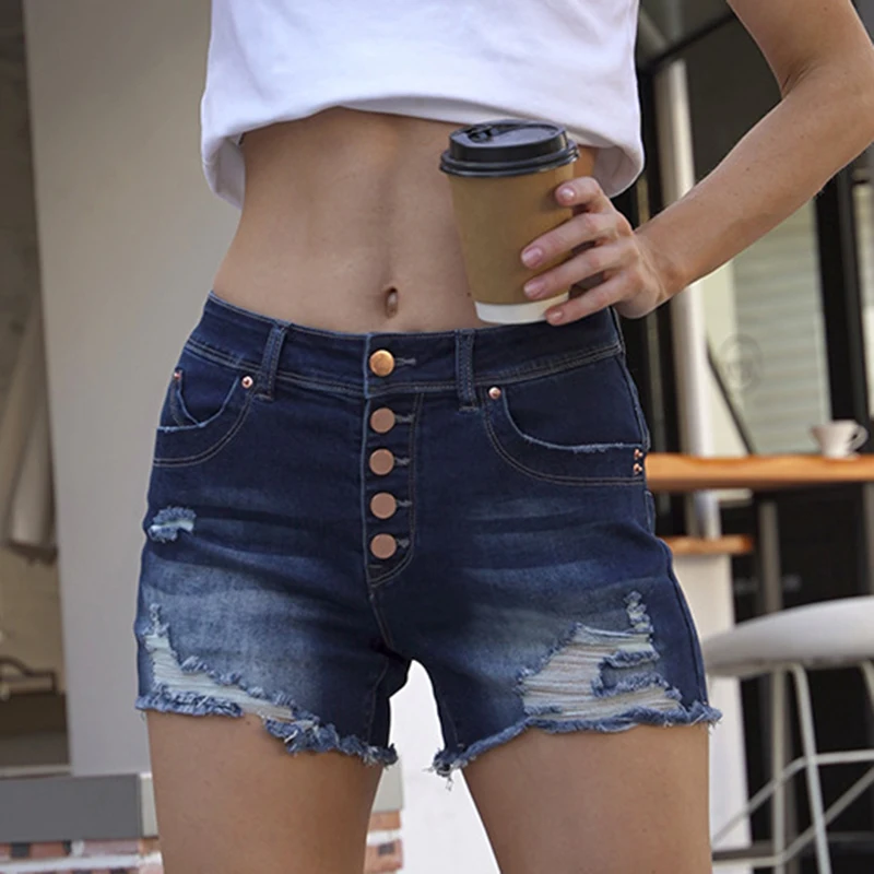 

Blue Ripped Jean Shorts 2022 Summer Women Vintage Buttons Mid Waist Tassel Denim Shorts Woman Sexy Skinny Short Pants Streetwear