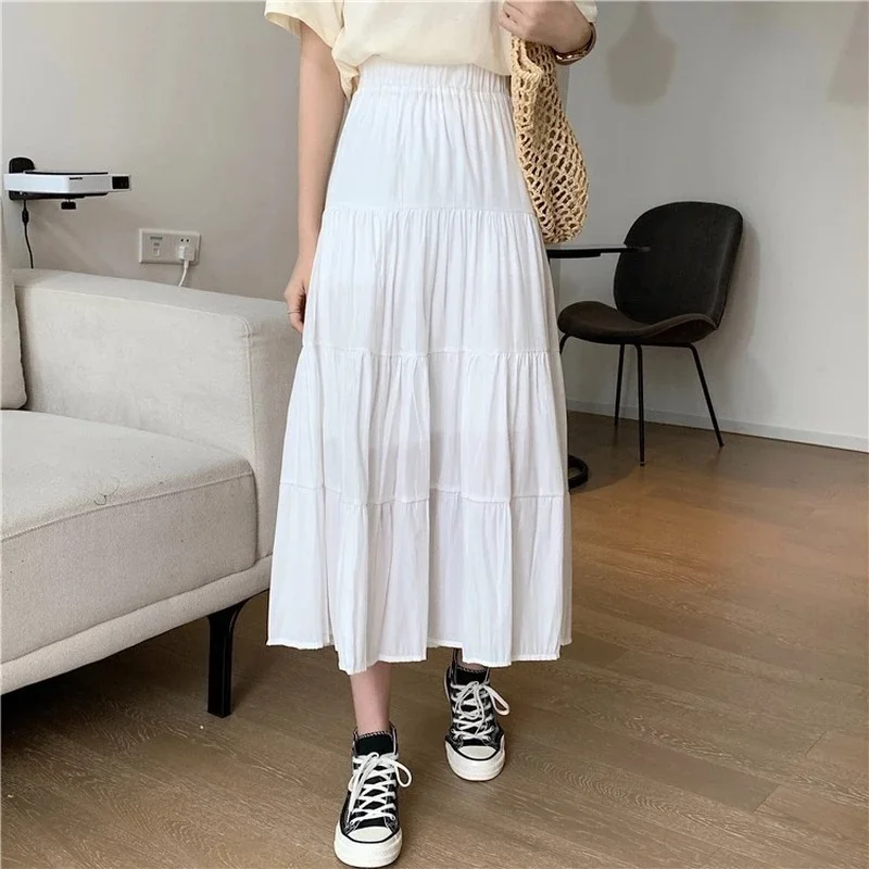 Spring Summer Women Chiffon Skirts Vintage High Waist Elastic Patchwork White Black Chic Long Cake A-line Skirt for Student юбка женщины v вырез платье модный горошек печать a line юбка три четверти рукава пуловер платье