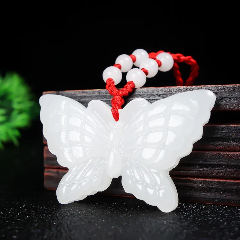 

Natural White Jade Butterfly Pendant Jadeite Necklace Charm Jewellery Fashion Accessories Hand-Carved Luck Amulet Gifts