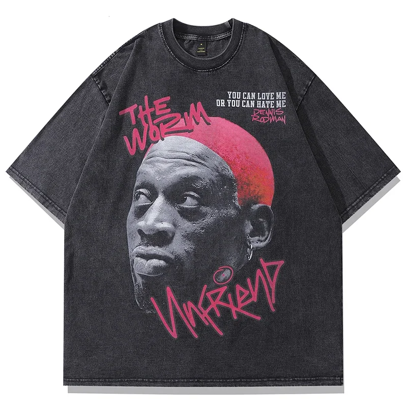 

Футболка мужская оверсайз с эффектом потертости, уличная одежда в стиле хип-хоп, с графическим рисунком Денниса Родмана, модная рубашка с коротким рукавом в стиле Харадзюку, на лето