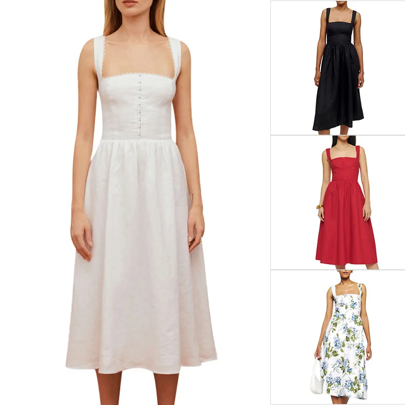 

2024 Square Neck Solid Strap Dress Sexy Slim Fit Backless Lace Up Waist Dress Summer Casual A-Line Dress for Women Elegant D134