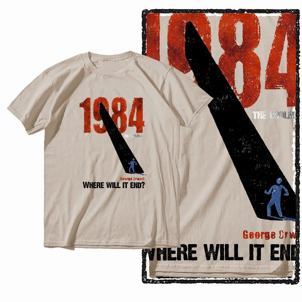 G01 Beige Baumwolle Big Size 1984 Grafik-T-Shirt für Herren | Streetwear Cooles Vintage O-Neck Herren-T-Shirt