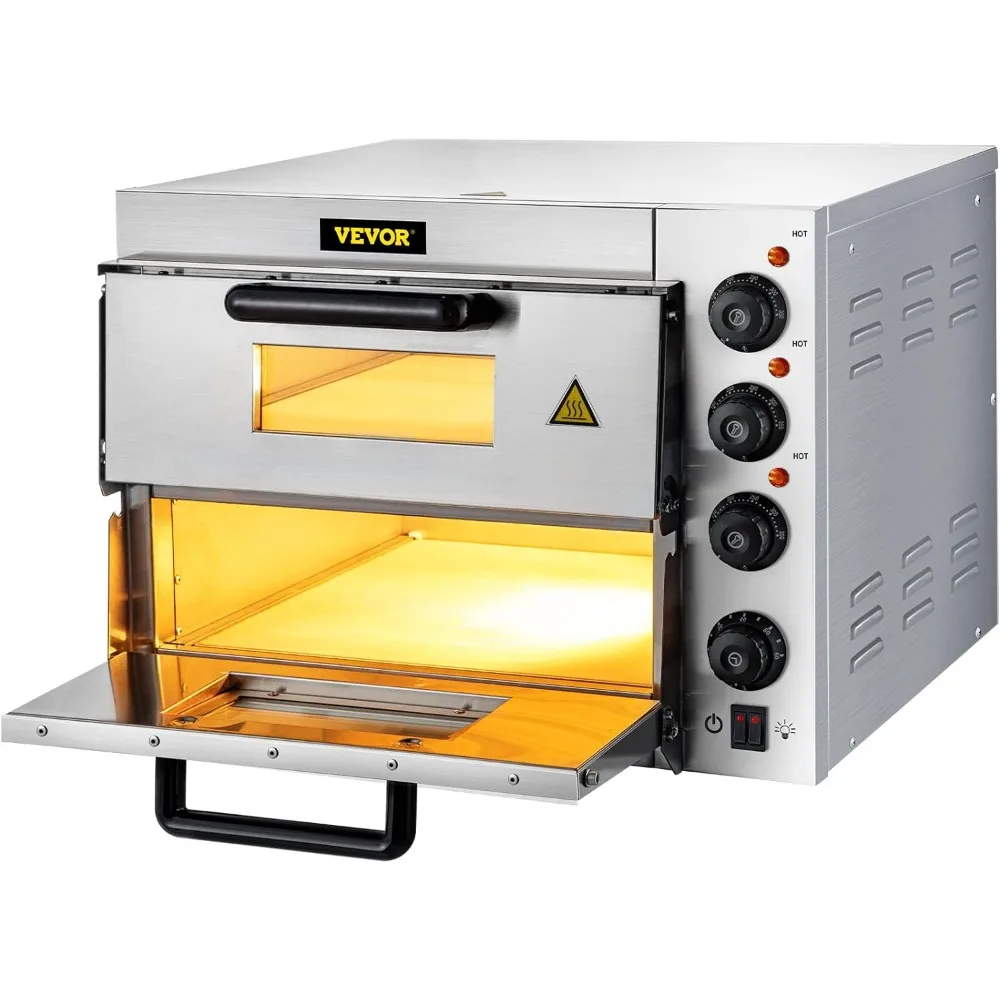 Commercial Pizza Oven Countertop, 14" Double Deck Layer, 110V 1950W Stainless Steel Electric Pizza Oven with Stone and Shelf
