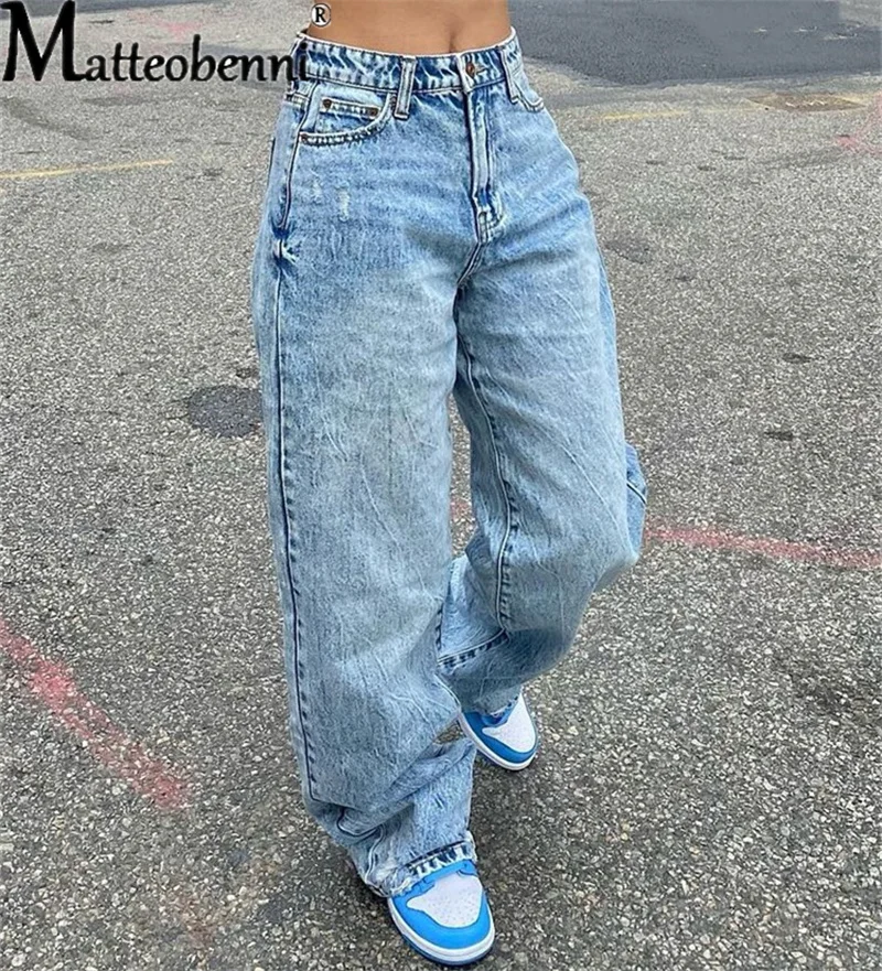 2023 Fashion Loose Jeans Women Commuter Straight Trousers Daily Casual Denim Pants Female Splicing Pocket High Waist Streetwear 3
