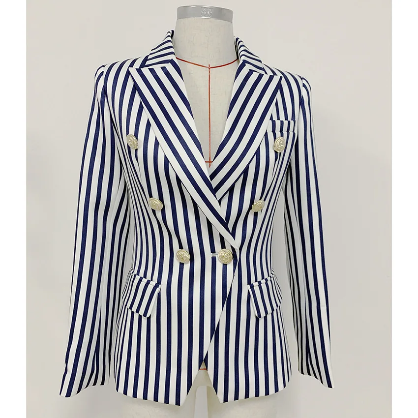 Tesco New Ladies Blazer Women Suit Jacket Classic Blue Striped Blazer Notched Collar Business Suit Elegant Outwear For Female