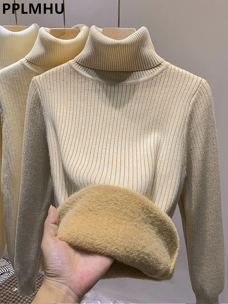 

Женский плотный вязаный свитер с бархатной подкладкой, повседневный облегающий теплый пуловер с высоким воротником и длинным рукавом, вязаный джемпер, зима