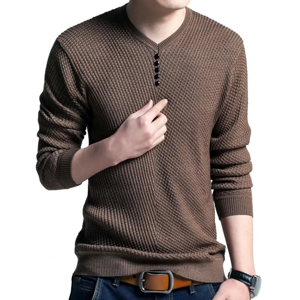 

Men Pullover Sweater Stylish Men's V-neck Knitwear Warm Fleece Lining Button Decor Solid Color for Autumn Winter Warm Men