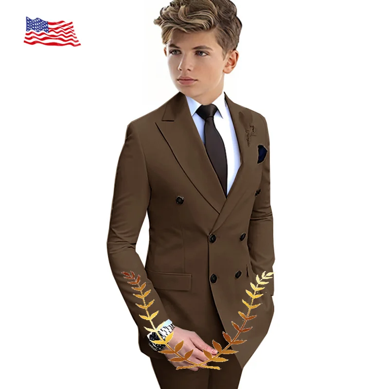 Beige Boys Suit 2 Pieces Double-Breasted Notch Lapel Flat Slim Fit Casual Tuxedos For Wedding (Blazer+Pants) boys suits