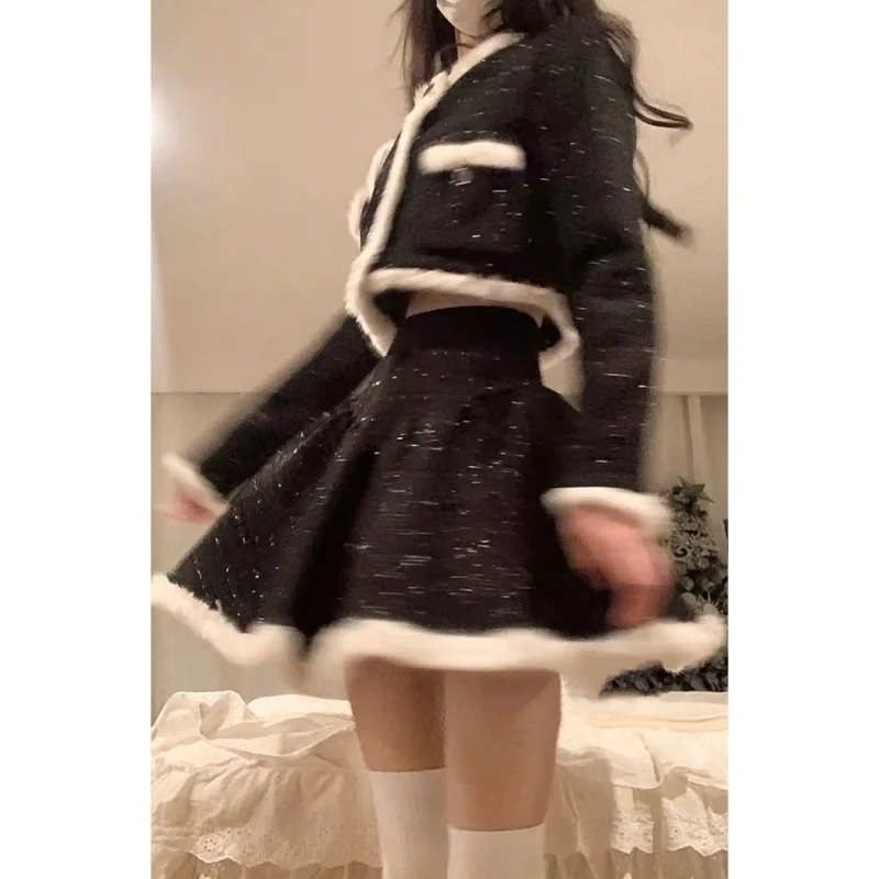 

Suit Women's Autumn Plush Stitching Woven Woolen Coat Puffy Princess Skirt