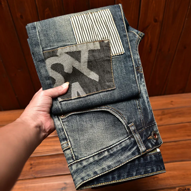 2024 New Light Luxury High End Jeans Men'S Slim Fit Straight Patch Retro Blue Versatile Fashion Elastic Casual Denim Pants