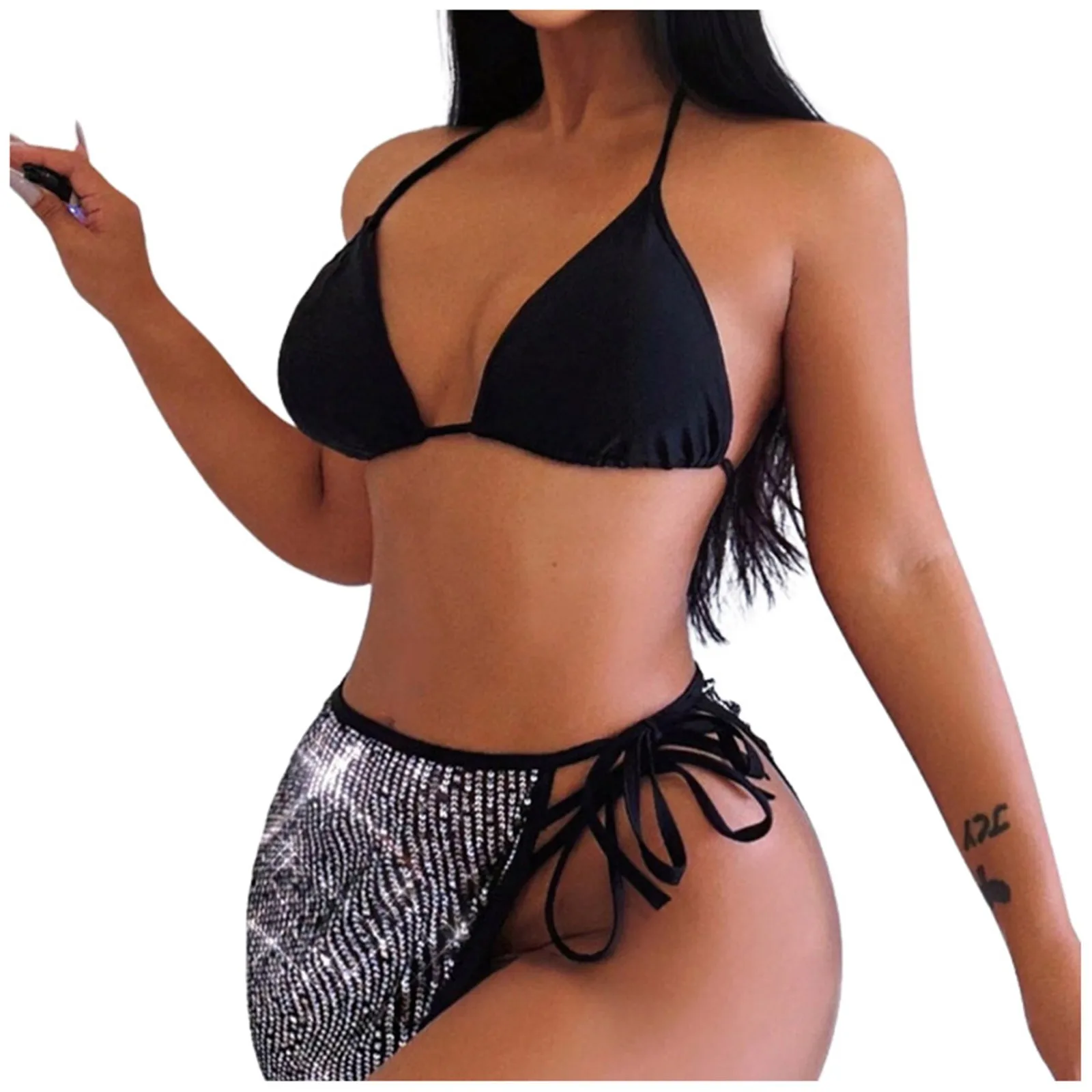 Women'S Three Piece Bikini Sexy Sequin Skirt Swimsuit Plaid Halter Extreme Mini Micro Thong Bikini Fashion Beach Split Swimsuit