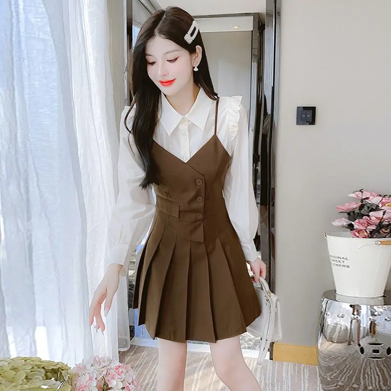 Women Vneck Fake Two Pieces Outfits Sexy Sleeveless Dress Casual Chiffon Dress Street Wear OL Dress