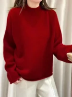 100% pure cashmere sweater in autumn and winter, thick high neck, loose lazy wind knitted sweater bottoming shirt for women.