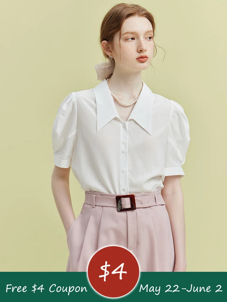 

Женская рубашка из тенсела с коротким рукавом, летняя профессиональная рубашка с французским острым воротником, простые однотонные женские блузки, 2023