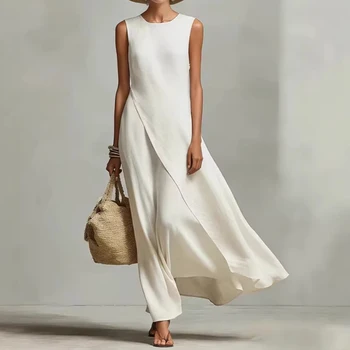 New Summer Maxi Dresses Women Casual O Neck Sleeveless Loose Asymmetrical Hem Long Dress Women Elegant Beach Holiday Sundress 1