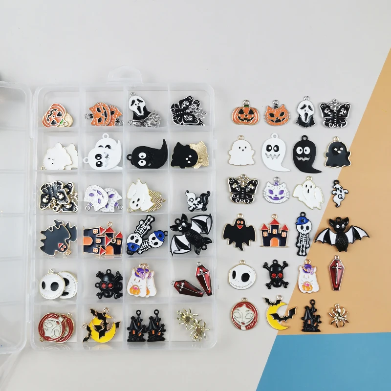 48Pcs Mix 12 Styles And 1Box Cartoon Halloween Enamel Charms Pumpkin Ghost Bat Cat Pendants for DIY Jewelry Making Party Gifts