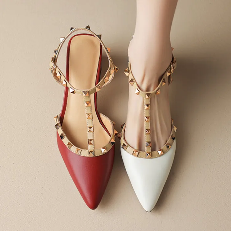 

2023New Design Women Pumps Wine Red Real Leather High Heels Rivets T Strap Beige Wedding Shoes Punk Studded Chaussure Femininos