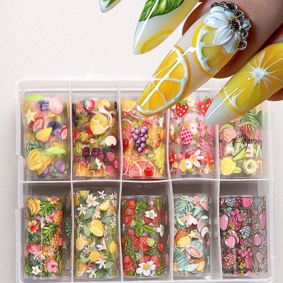Nail Transfer Stickers Fruit Design Gel Decals Holographic Foil Slider Decoration Art DIY Manicure Accessories Tool 10 Rolls/Box