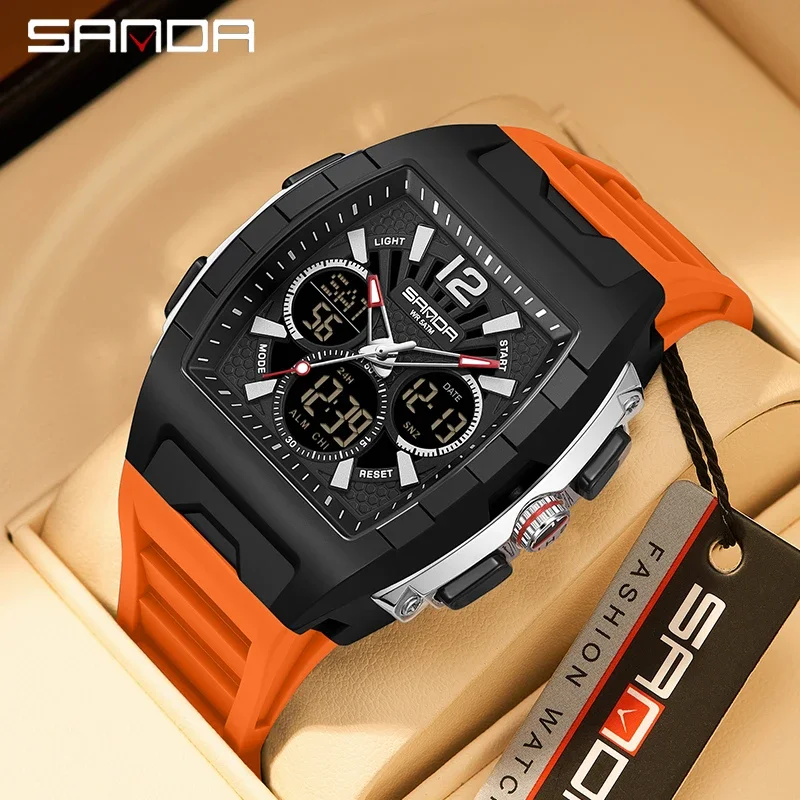 SANDA New Dual Display Watch for Men Sport 5Bar Waterproof LED Luminous Analog Digital Alarm Clock Electronic Quartz Men Watch