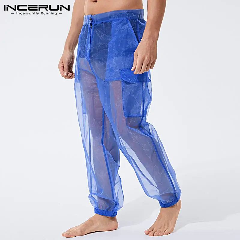 Men Pants Mesh Button Solid Color Sexy See Through Casual Trousers Vacation Breathable Pockets Pantalones Hombre INCERUN wide leg pants men dress pants