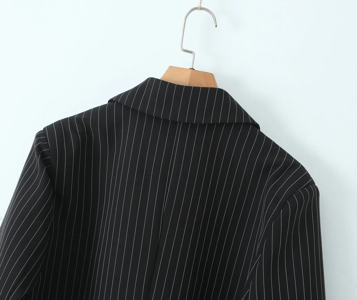 Spring Black Striped Oversized Blazer Women Loose Notched Full Sleeve Suits High Waist Long Flare Pants Halter Tank Tops