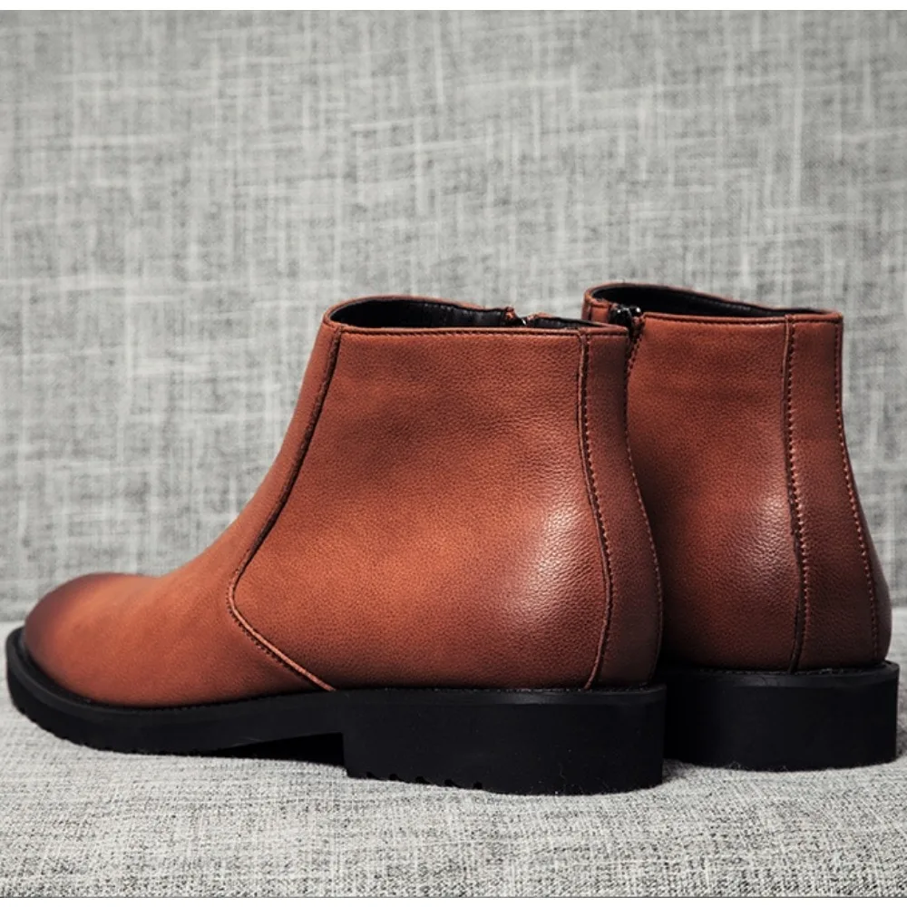 Spring Fashion Leather Men's Boots Convenient Zip Pointed Toe Business Dress Boots Shoes for Men Ankle