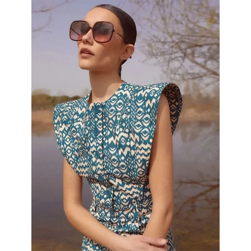 

Vintage Flying Sleeve Print Dress For Women Elegant O Neck Single Breasted Pocket Robes Female Office High Street Travel Outfits