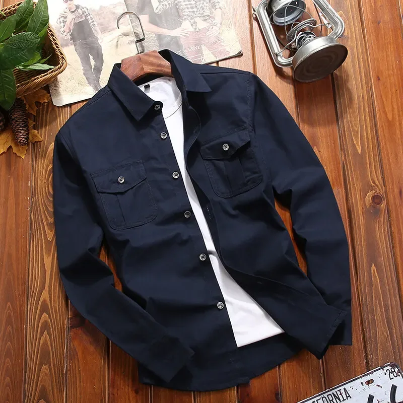 thumbnail image 1 of Camisa de manga larga con botones y corte regular a estrenar 2024, color sólido, cuello vuelto, camisa de trabajo de talla grande, camisa de vestir, camisa de vestir para hombre, 1 of 4
