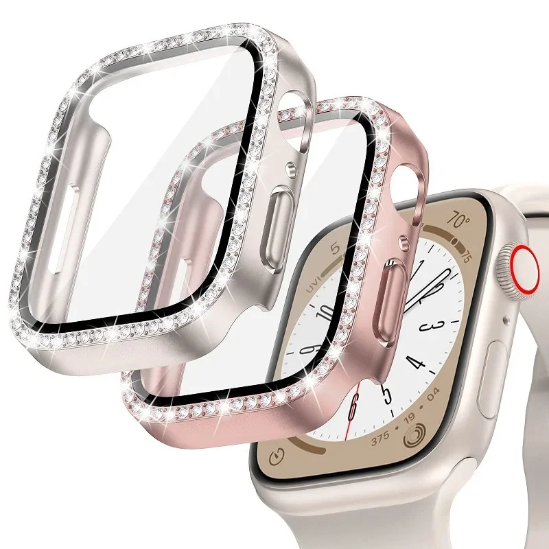 Diamond Glass+Cover For Apple Watch Case 45mm 41mm 40mm 44mm 42mm 38mm Bling Bumper+Screen Protector iwatch Series 9 8 7 3 6 SE apple watch screen protector watch screen protector case watch accessories watch screen protector apple watch screen protector case watch case watch protective case watch cover watch protective cover glass cover