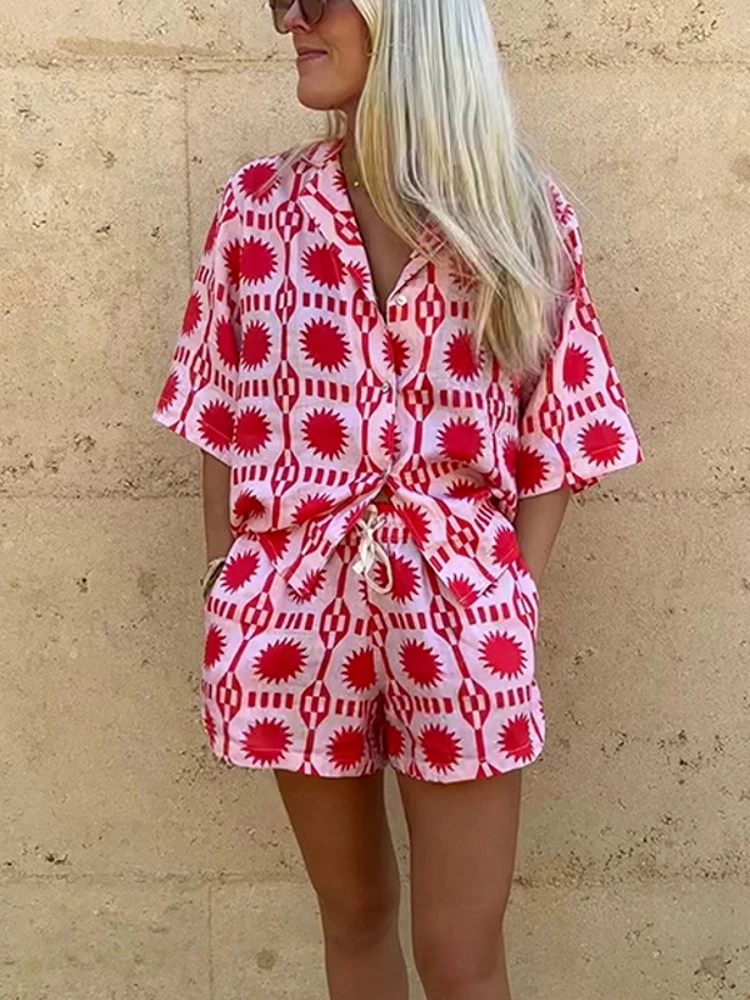 2 Pieces Set Sexy Fashion Women Set Female Tops Flower Print Short Sleeve Shirt And Elastic Waist Shorts Suit 2023 Autumn Summer