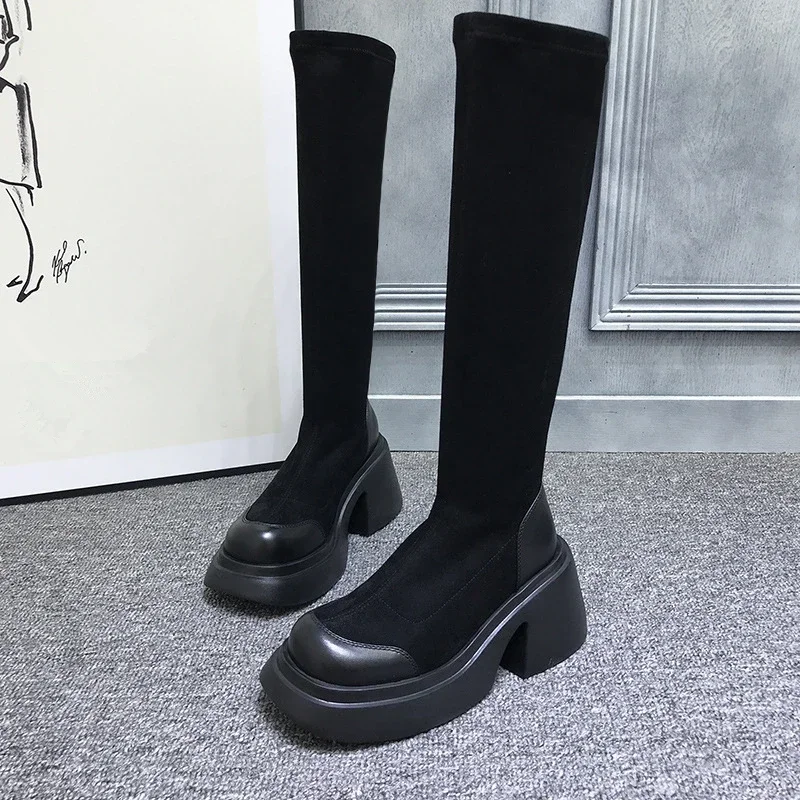 New Women Boots Platform Knee High Shoes Sexy Heels Shoes Autumn Winter Ladies Fashion Designer Boots Punk Long Faux Suede Botas