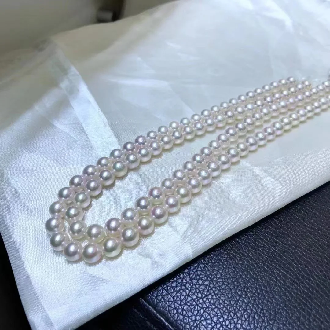 Fashion 925 Sterling Silver Necklace For Women 7.5-8mm Round Seawater Akoya Pearl Long Necklace Fine Wedding Party Jewelry Gifts
