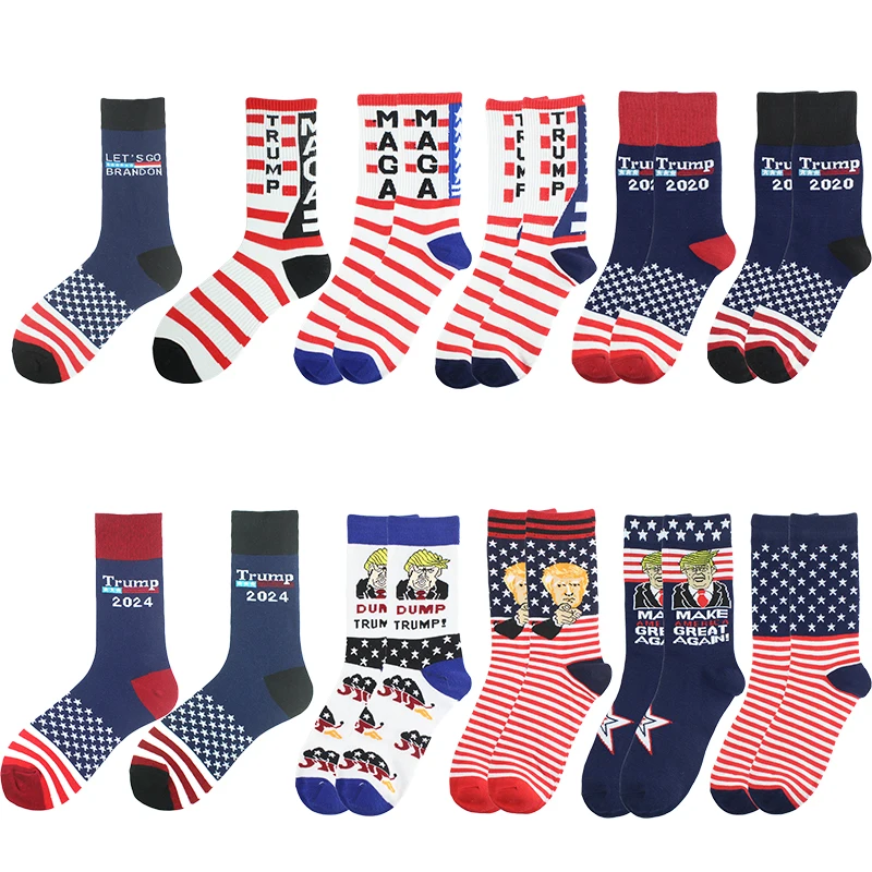 Men President Donald Trump Socks Let's Go Brandon Novelty Cotton Men Meias Crew Hot Hip Hop Sokken American USA Flag Jacquard