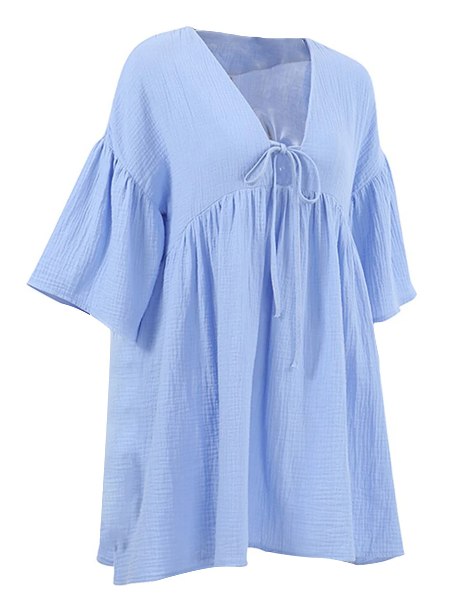 

Women’s Cotton Nightgowns Ruffle Hem V Neck Sleepwear Puffy Sleeve Night Dress