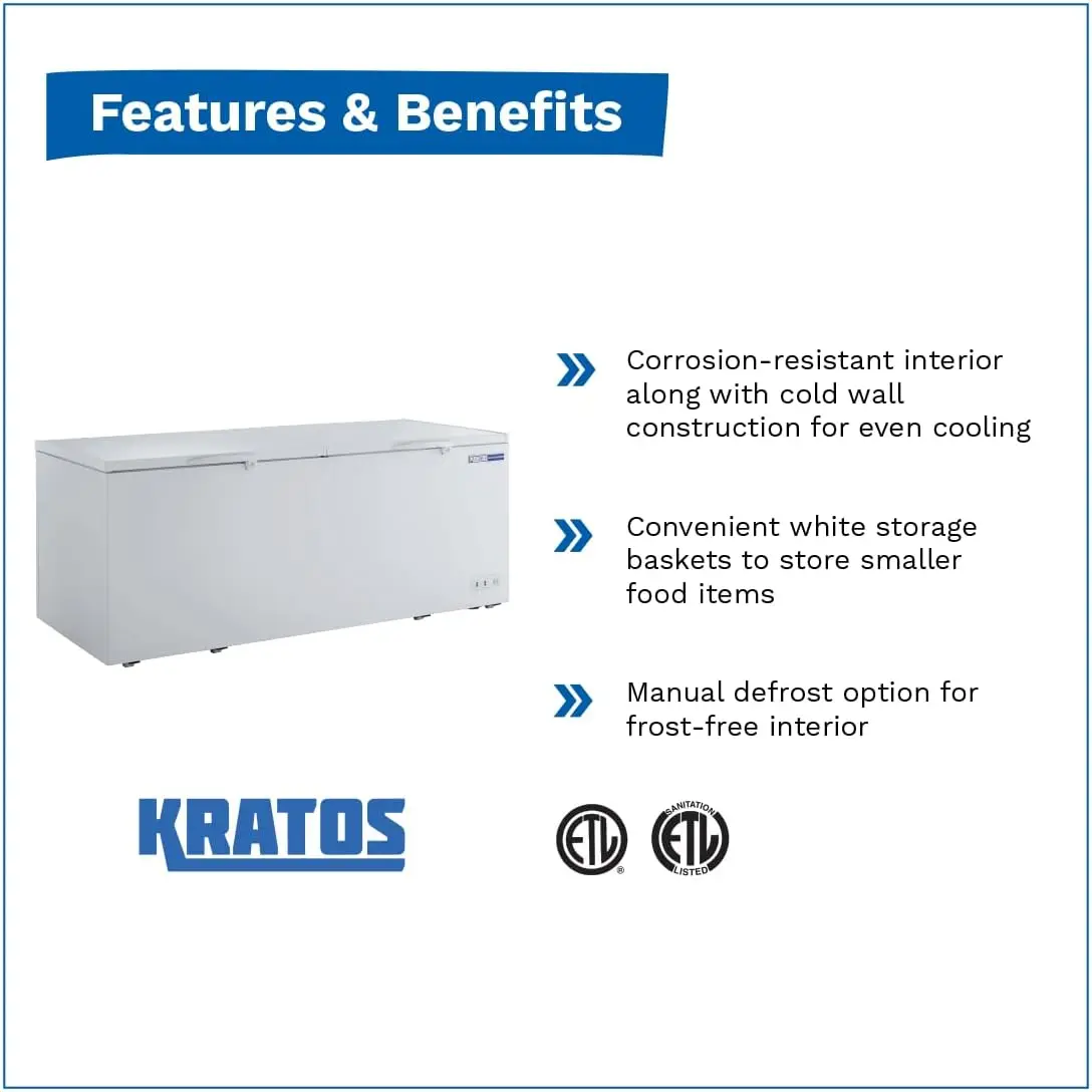 Commercial Chest Freezer 23. Cu Ft Capacity Solid Top White Large Storage Adjustable Feet Keeps Freezer Level on Uneven Surfaces