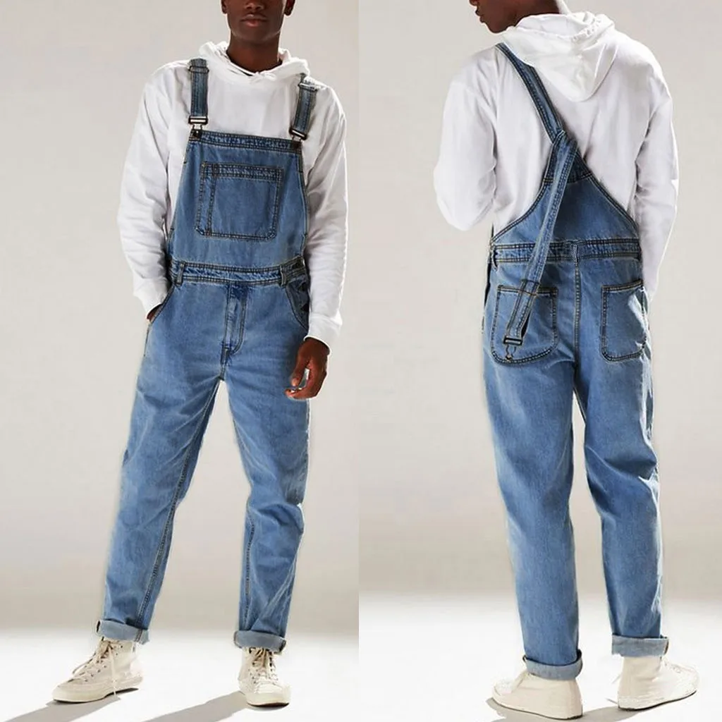 Blue Jeans Pants Mens Jumpsuit Solid Denim Romper Joggers Male Sleveless Overall Casual Suspender Streetwear Man Clothing