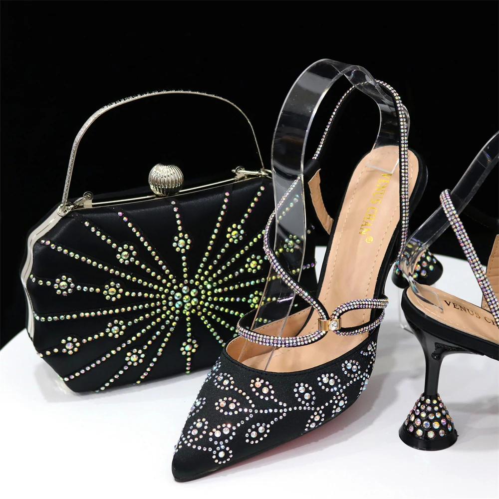 

2023 NEW Black With Print Desgin Shoes And Evening Bag Set Hot Sale Sandal Shoes With Handbag Heel Height 8.5CM