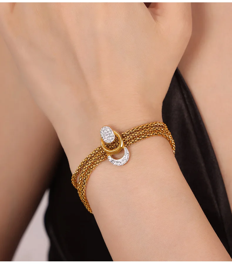 Neue Edelstahl Vergoldete 3-Schicht-Ketten-Halskette für Damen Luxus Kristall-Anhänger Armband Halskette Set Schmuck Geschenk – Detail 5
