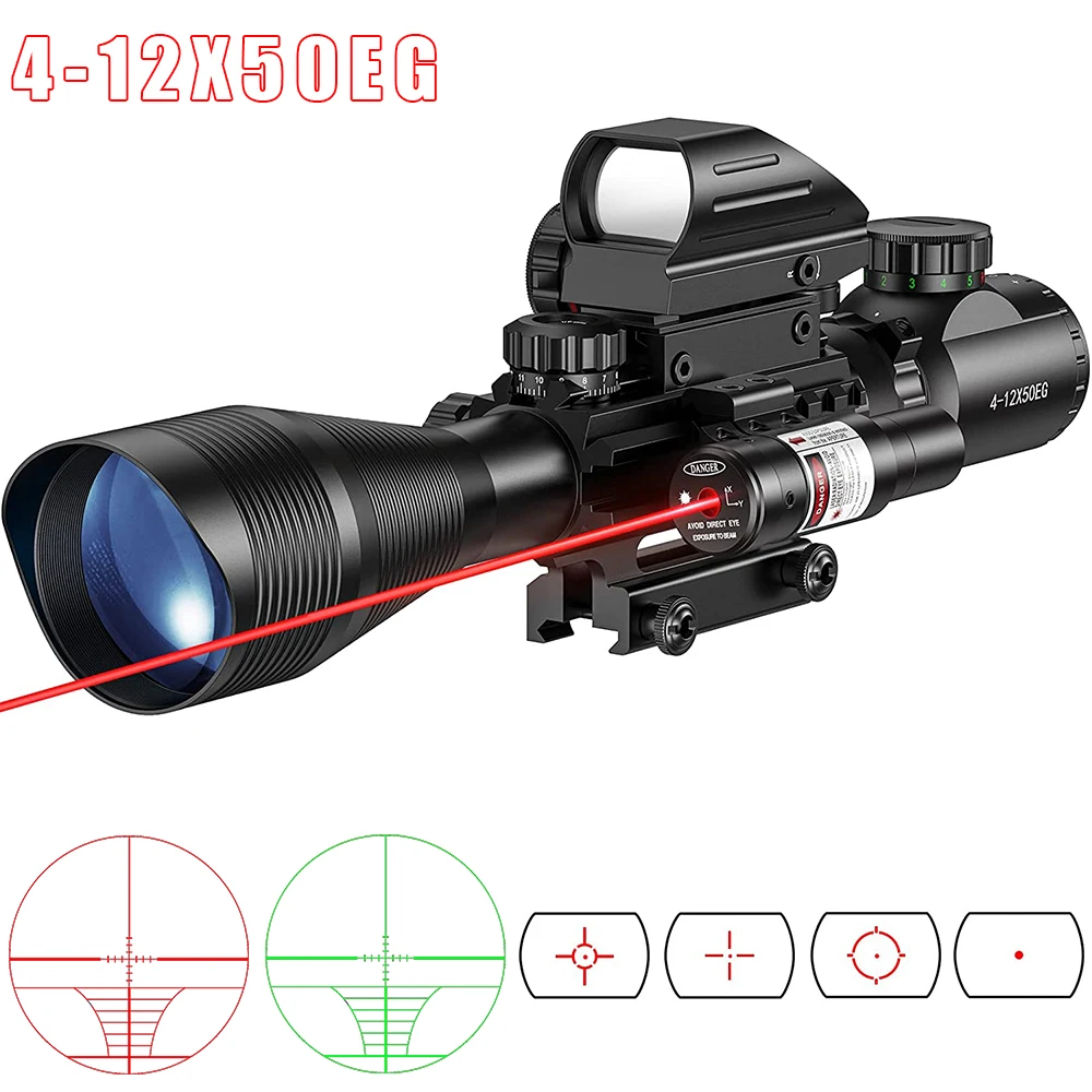 

4-12x50 Rifle Scope Combo Tactical Riflescope with Laser Collimator Sight Rangfinder Dual Illumination Reticle 20mm Rail Mounted