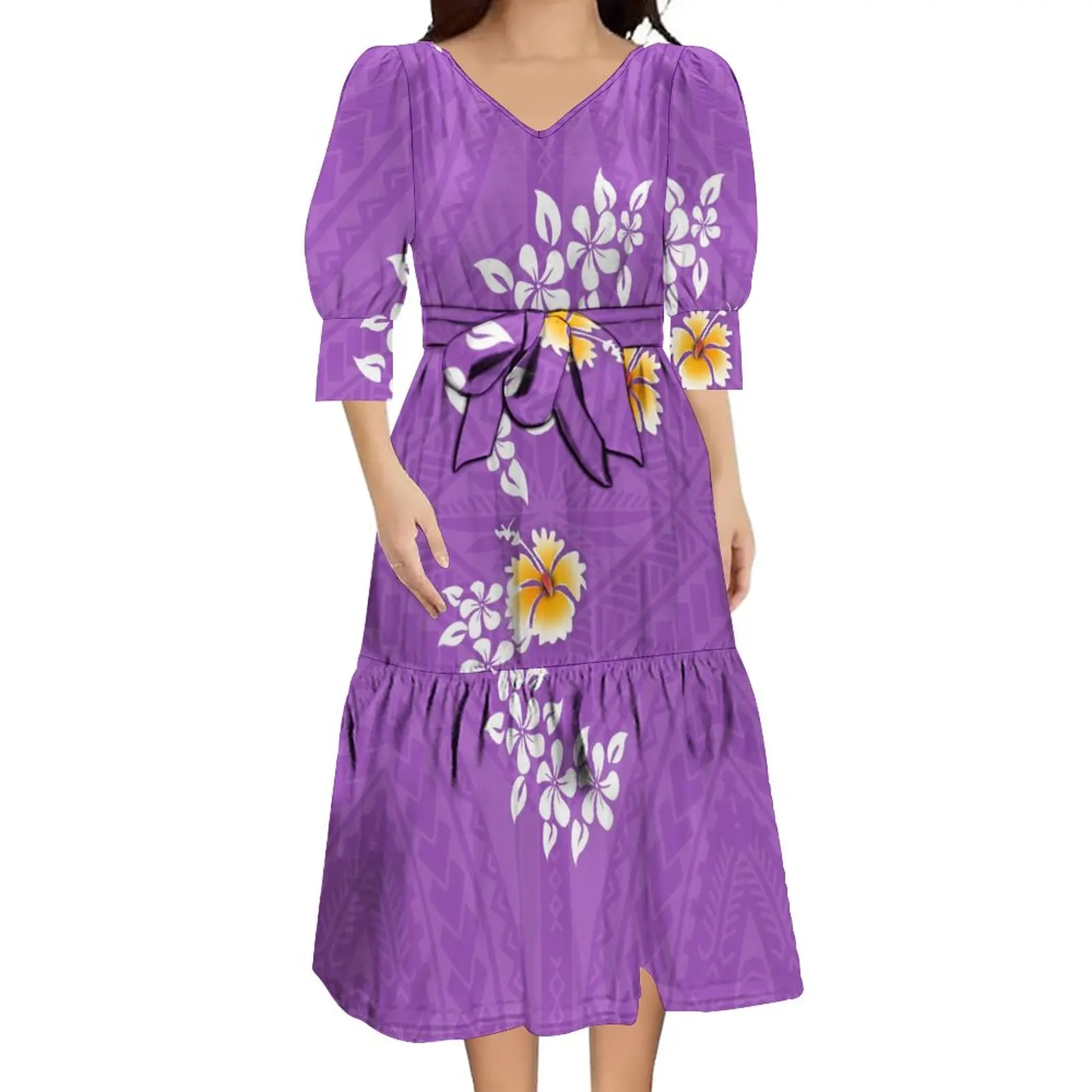 

2023 New Design Belt Slim-Fit Dress Custom Ladies Dress Polynesian Vintage Art Print Party Casual Ethos Dress