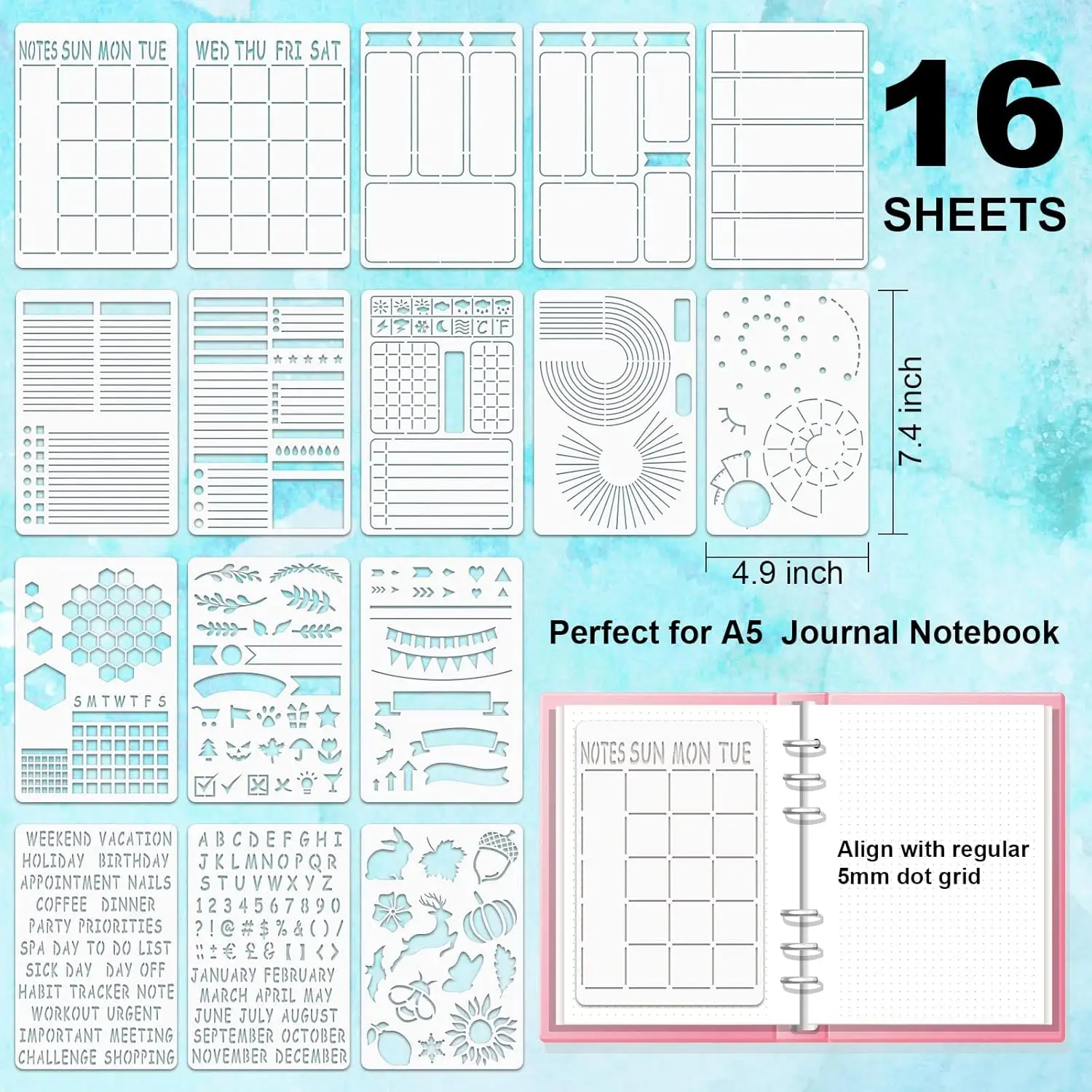 16PCS A5 저널 스텐실 템플릿 7.4 x 4.9 인치 플래너 레이아웃 드로잉 스텐실 노트북 DIY 디자인용