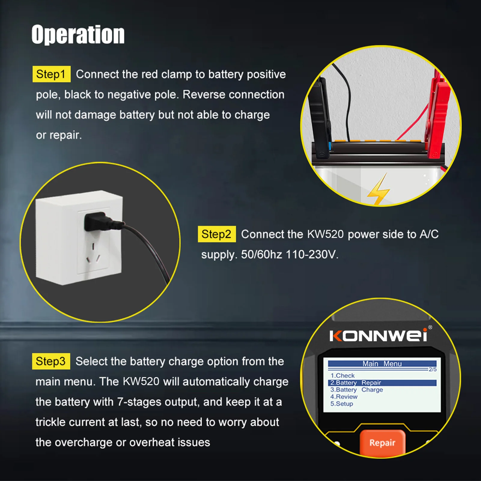 Konnwei Kw520 12V 24V Test de batterie de voiture Chargeur et outil de  réparation de batterie 100-2000cca Testeur de batterie 3 en 1 Scanner de  diagnostic