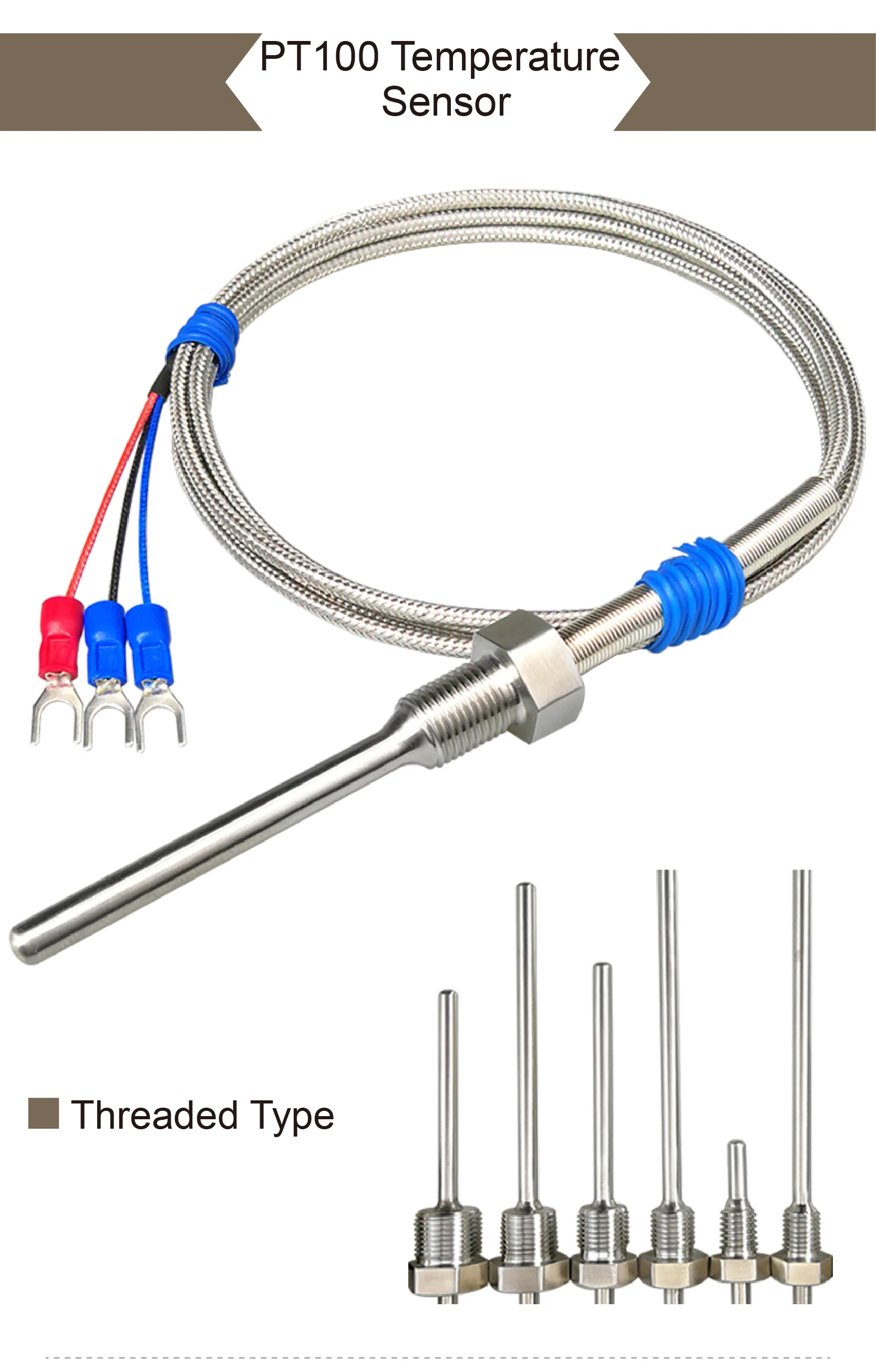 Industrial PT100 RTD Temperature Probe Stainless Steel Threaded Sensor Waterproo