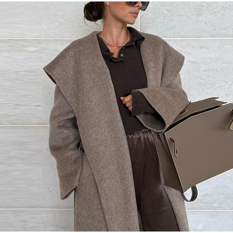 Solide Große Revers Gürtel Lange Woolen Frauen Mantel Elegante Volle Hülse Spitze Up Mantel 2025, Herbst Winter Wrap Stil Oberbekleidung – Detail 18